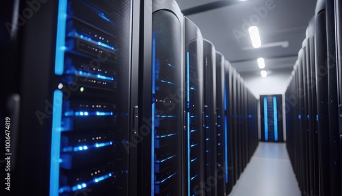 High-flex audio server room with rows of high-speed hard drives and storage on the left side. In front, there is an endless row of black and blue data center photo