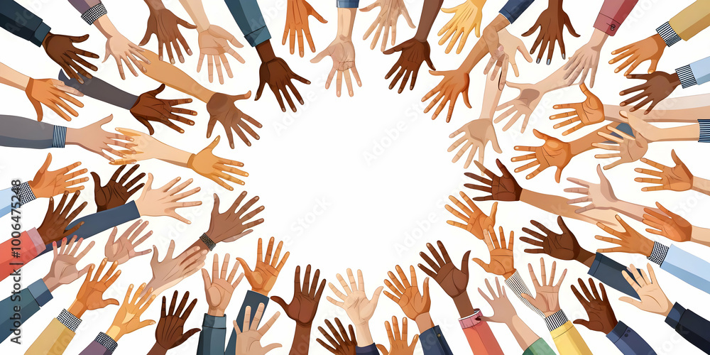 Fototapeta premium Seamless Pattern of Diverse Minimalist Hands in Various Skin Tones Forming a Supportive Circle: Unity and Diversity in Flat Vector Illustration