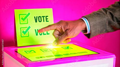 Holographic Hand Casting Digital Vote Concept: Medium Shot of Glowing Ballot Insertion in Futuristic Voting Interface � Engaging Voter Interaction in Photo Stock