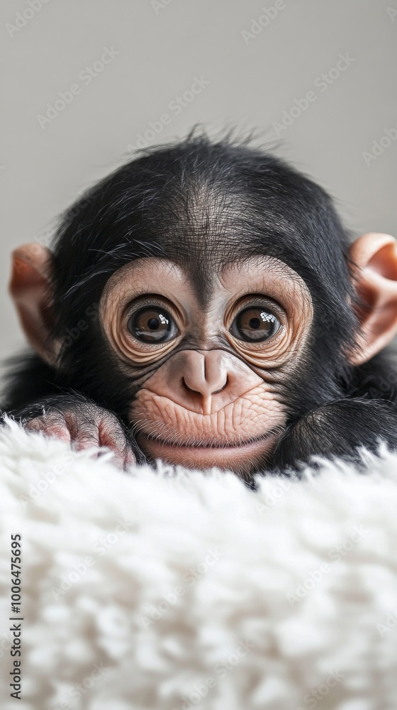 Baby chimpanzee relaxing on soft white blanket Baby chimpanzee relaxing on soft white blanket