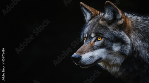 Majestic wolf staring with intense yellow eyes on black background