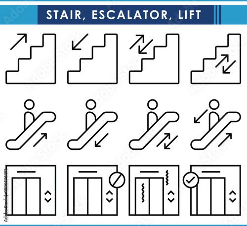 Escalator, Elevator and stairs up and down editable stroke outline icons set isolated on white background flat vector illustration.