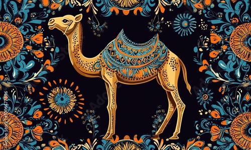 A camel standing in a floral pattern with blue and orange colours.