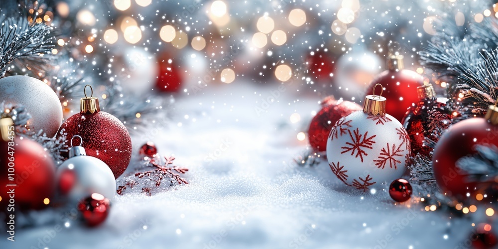 Christmas Baubles On Snow With Fir Branches Christmas Baubles On Snow With Fir Branches