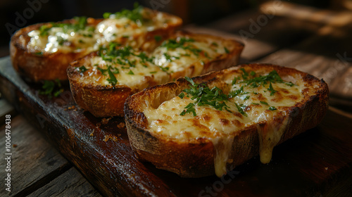 Several slices of toasted bread topped with melted cheese and sprinkled with fresh parsley. photo