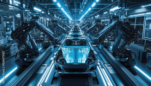 Automated Robot Arm Assembly Line Manufacturing High-Tech Green Energy Electric Vehicles.