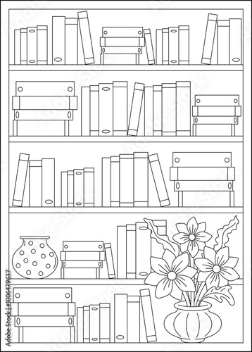 flower bookshelf minimal style coloring book page