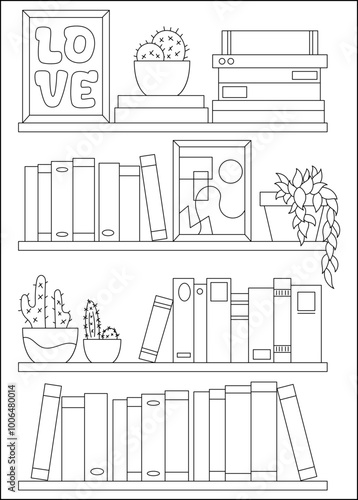 love bookshelf minimal style coloring book page