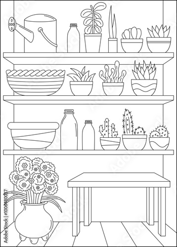 plant bookshelf minimal style coloring book page