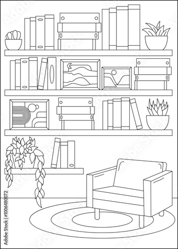comfy bookshelf minimal style coloring book page