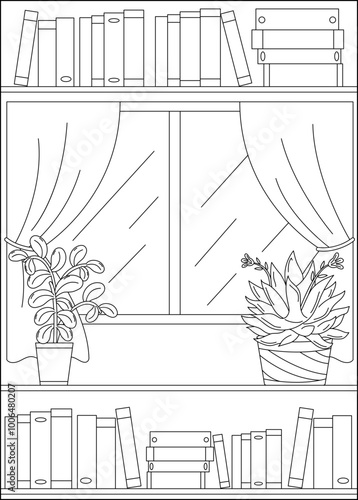 window bookshelf minimal style coloring book page