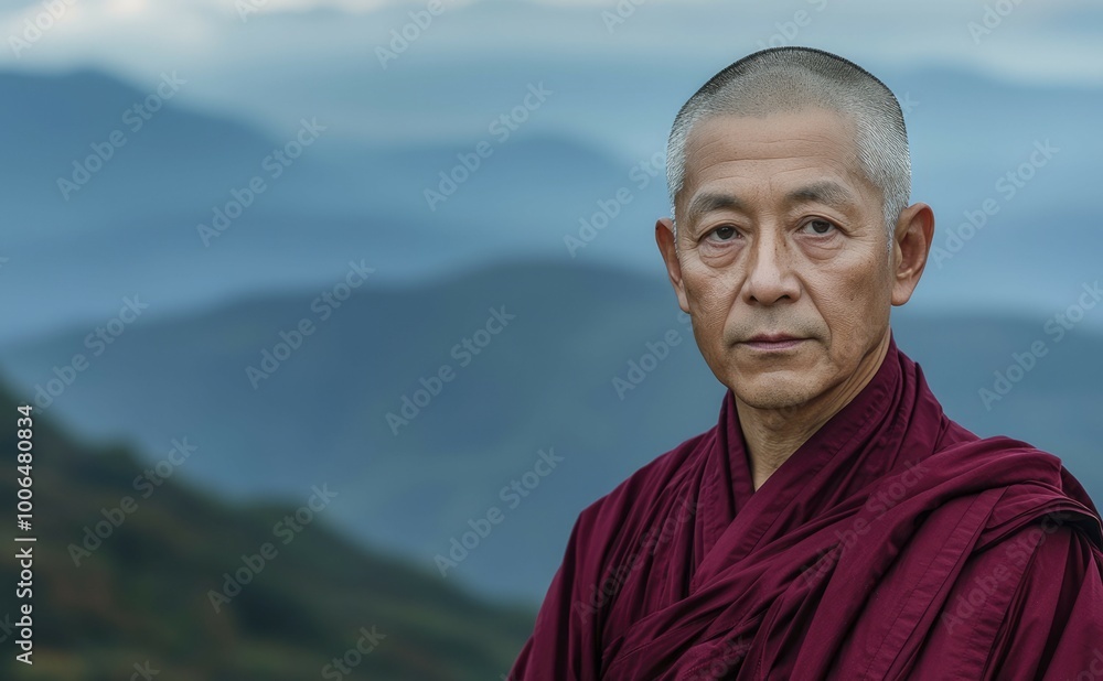 Portrait of a Buddhist Monk with Blurred Mountain Background Portrait of a Buddhist Monk with Blurred Mountain Background