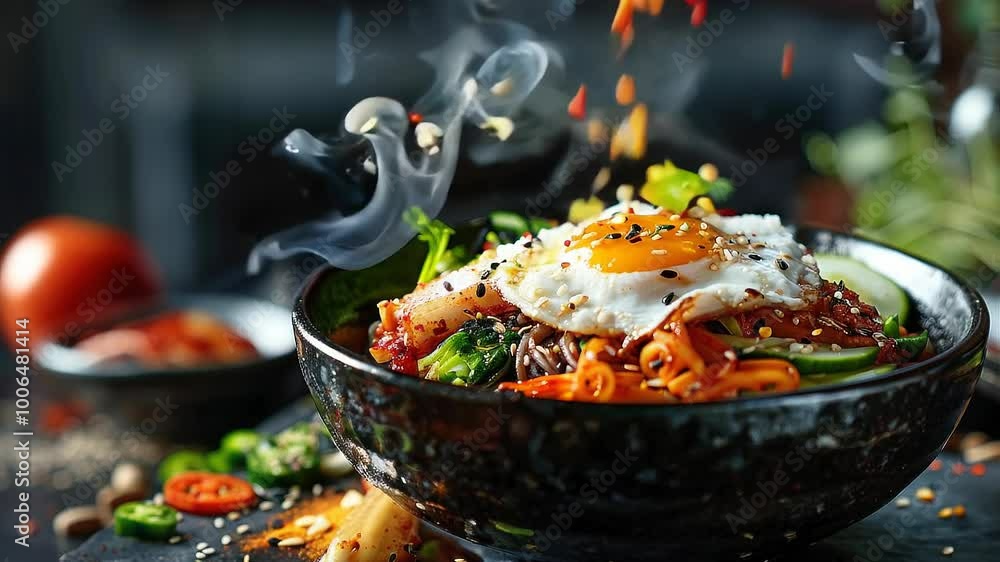 Steaming Korean Bibimbap with Egg in Slow Motion Close-Up Steaming Korean Bibimbap with Egg in Slow Motion Close-Up