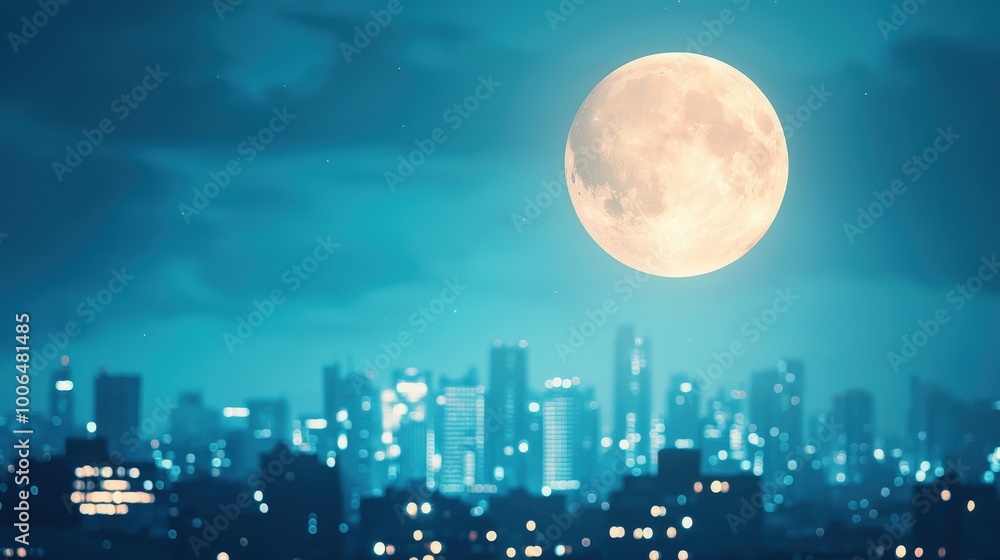 Naklejka premium A breathtaking view of a full moon illuminating a vibrant urban skyline at night, creating a serene and magical atmosphere perfect for city lovers.