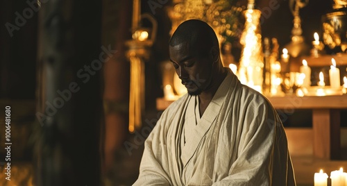 A man in white robes sits meditating in a dimly lit room surrounded by candles