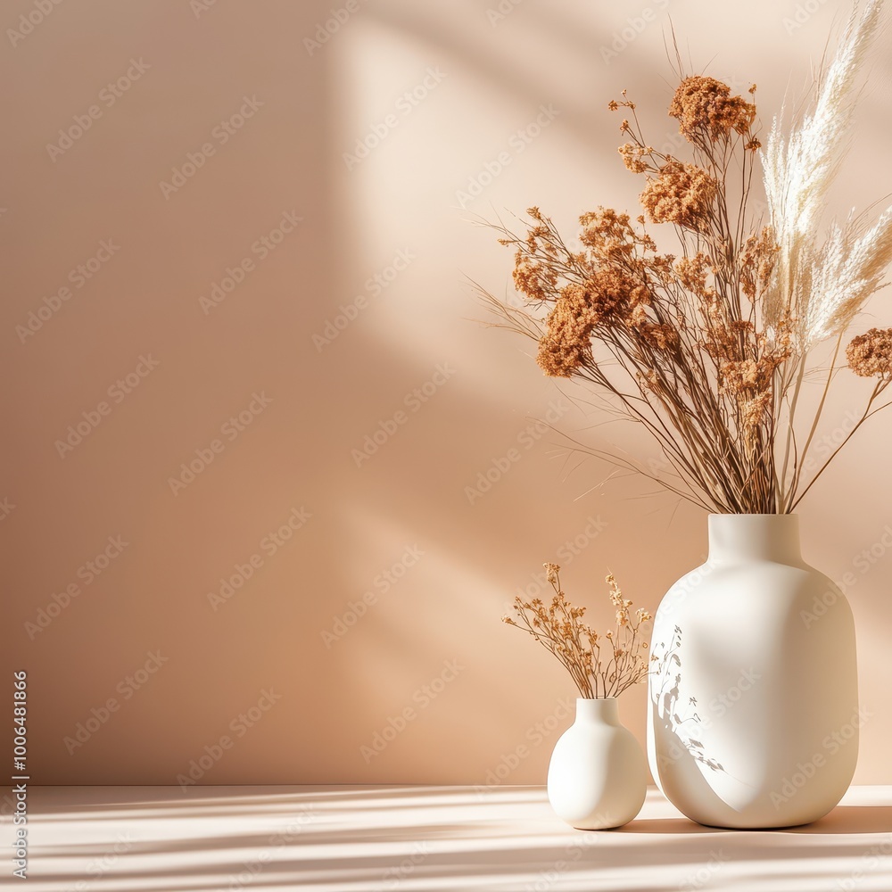 Elegant vases with dried flowers on a minimalistic background, showcasing modern decor aesthetics. Elegant vases with dried flowers on a minimalistic background, showcasing modern decor aesthetics.