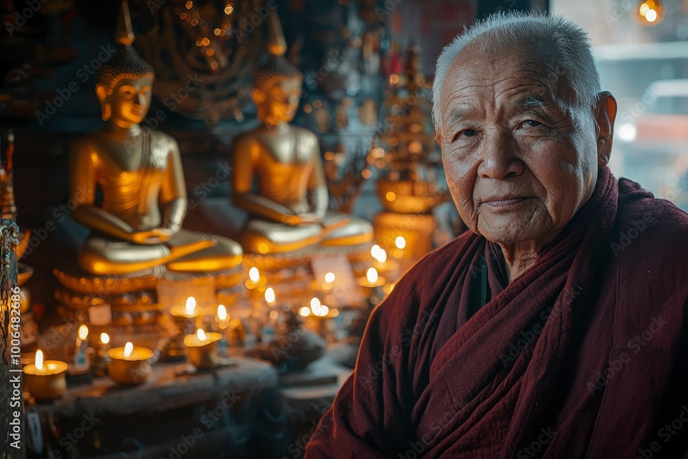Elderly Monk Gazing Forward in a Temple Setting Elderly Monk Gazing Forward in a Temple Setting