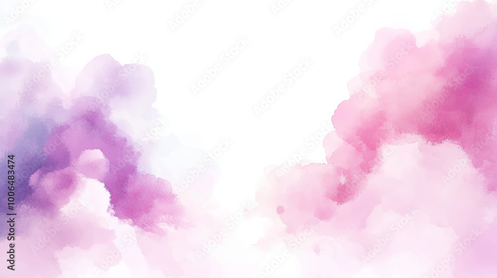 Fototapeta premium Abstract watercolor background with pink and purple clouds on a white background.