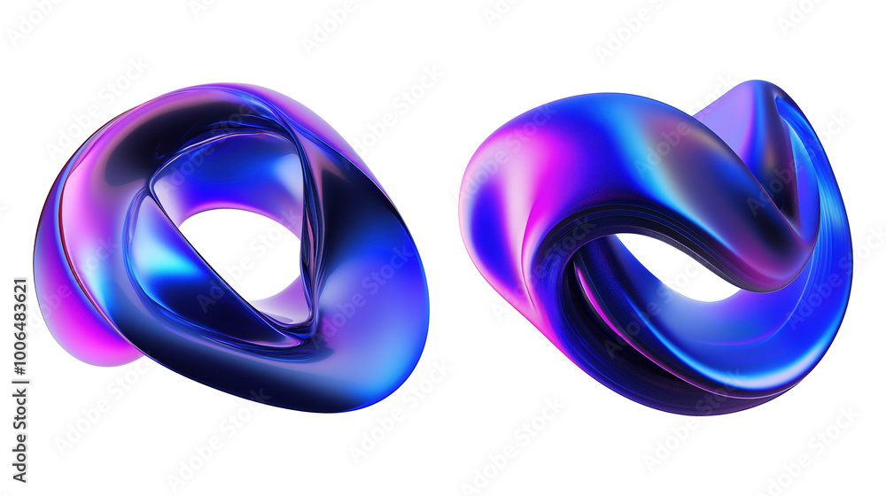 Twisting iridescent loops with metallic finish transparent image. Abstract vibrant hues of blue pink curves isolated cutouts 3d render. Fluids set cut out cliparts design elements png
