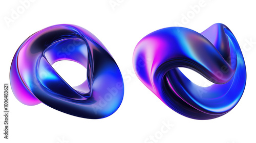 Obraz na płótnie Twisting iridescent loops with metallic finish transparent image. Abstract vibrant hues of blue pink curves isolated cutouts 3d render. Fluids set cut out cliparts design elements png w salonie