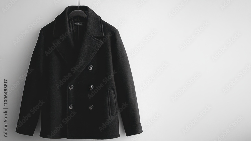 A classic black peacoat for men, neatly arranged on a white background, perfect for illustrating timeless sophistication A classic black peacoat for men, neatly arranged on a white background, perfect for illustrating timeless sophistication