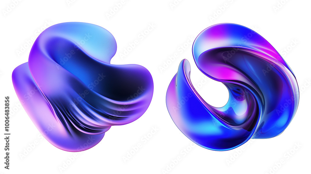 Sculptural fluid forms with glossy finish transparent image. Twisting shapes in vibrant blue purple gradients isolated cutouts 3d render. Movements cut out cliparts design elements png