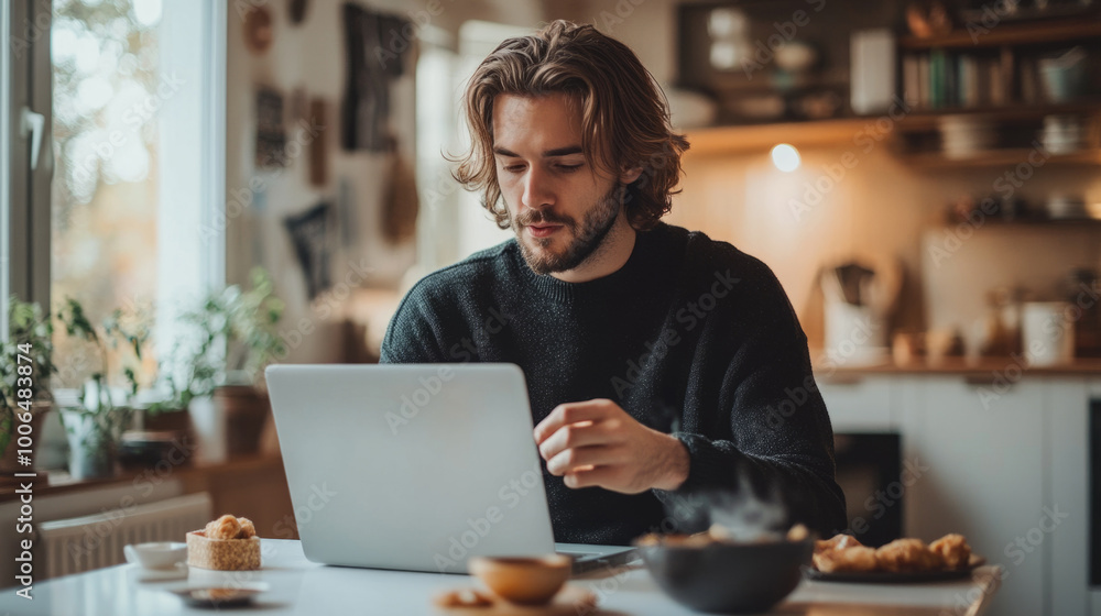 A man is sitting at a table with a laptop in front of him A man is sitting at a table with a laptop in front of him