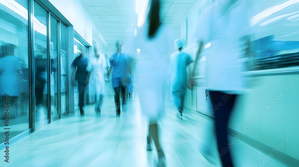 A blurred background of medical staff walking in the hospital corridor, with doctors and nurses wearing scrubs, creating an atmosphere of action A blurred background of medical staff walking in the hospital corridor, with doctors and nurses wearing scrubs, creating an atmosphere of action