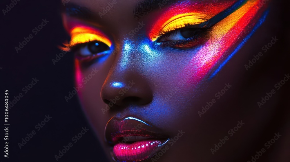 Fototapeta premium Creative makeup looks with vibrant neon colors, dynamic lighting, sharp focus, futuristic feel, high fashion atmosphere