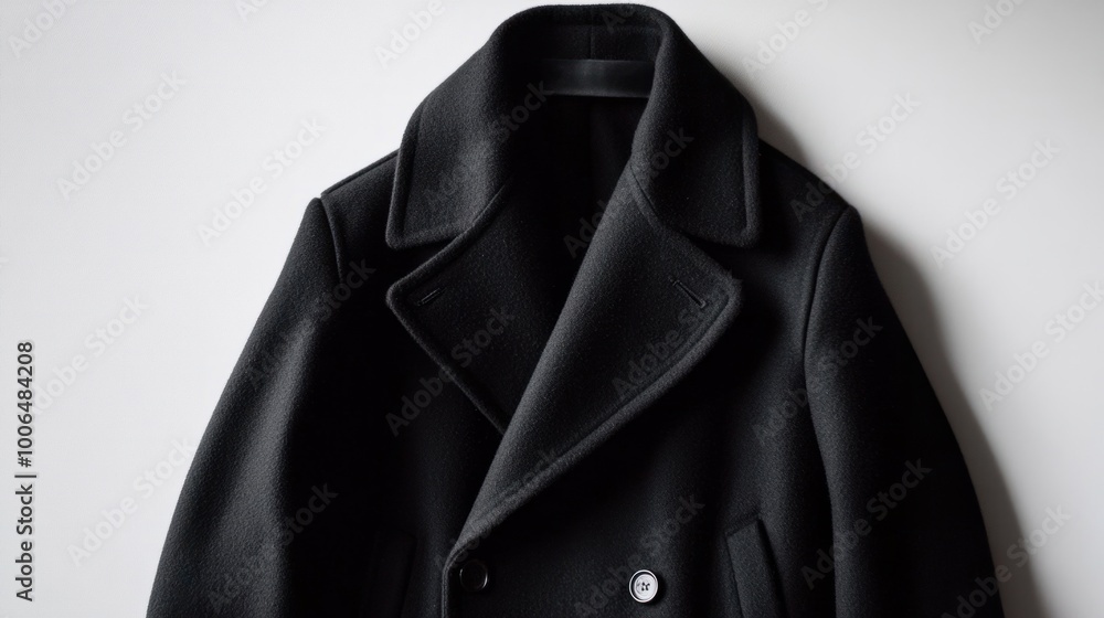 A classic black peacoat for men, neatly arranged on a white background, perfect for illustrating timeless sophistication A classic black peacoat for men, neatly arranged on a white background, perfect for illustrating timeless sophistication