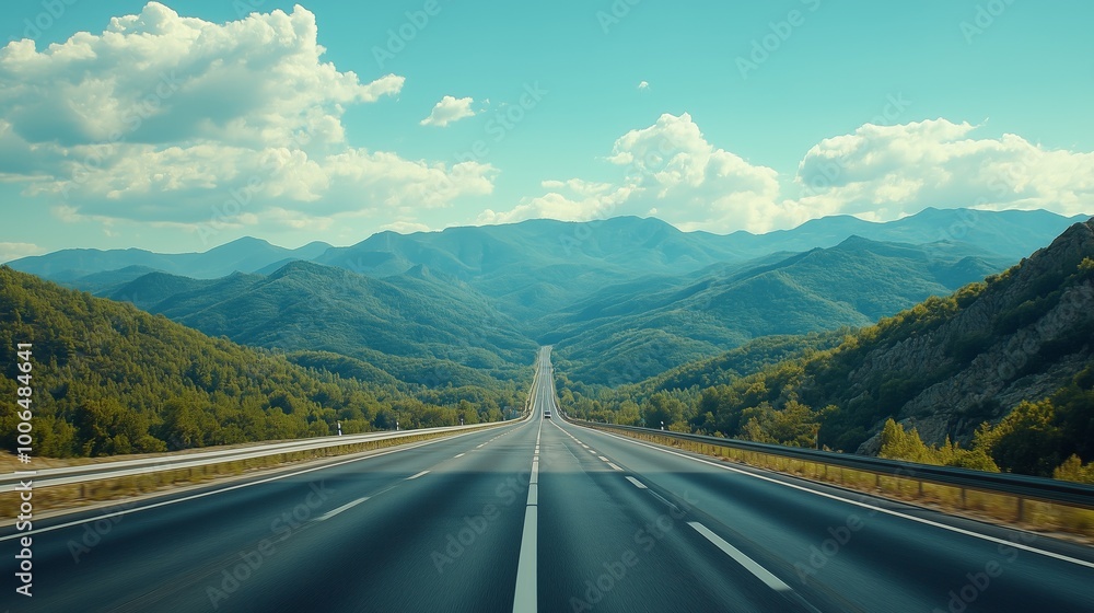 Naklejka premium Endless Highway through Lush Mountain Landscape