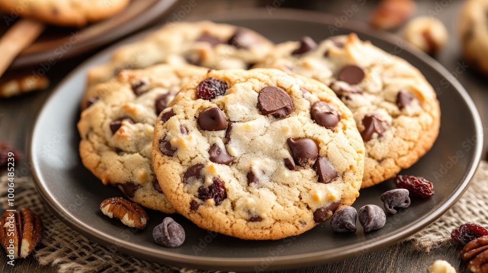 A close-up view of a plate of freshly baked cookies with chocolate chips, nuts, and raisins. A close-up view of a plate of freshly baked cookies with chocolate chips, nuts, and raisins.