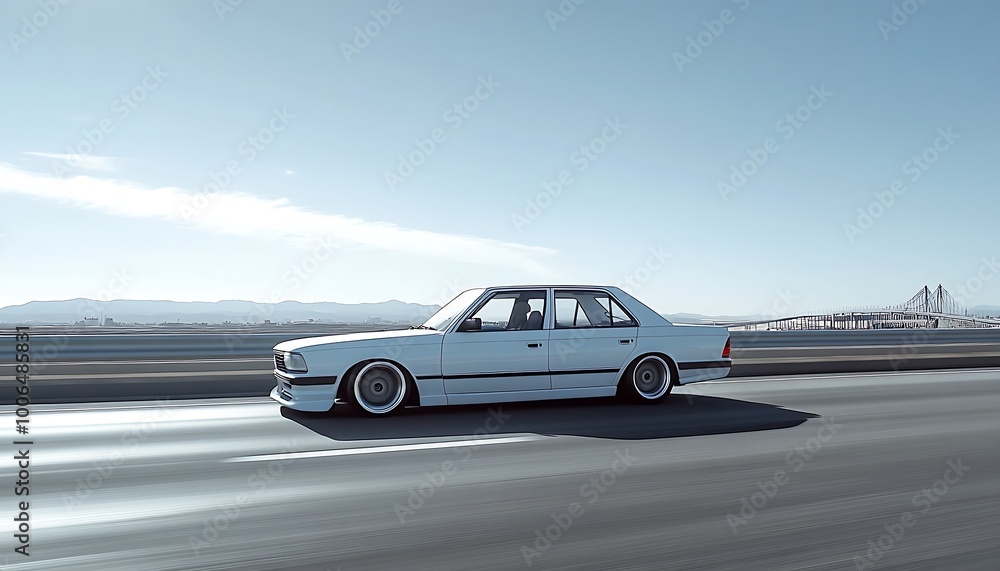 White Sedan Driving on a Highway with a Bridge in the Background White Sedan Driving on a Highway with a Bridge in the Background