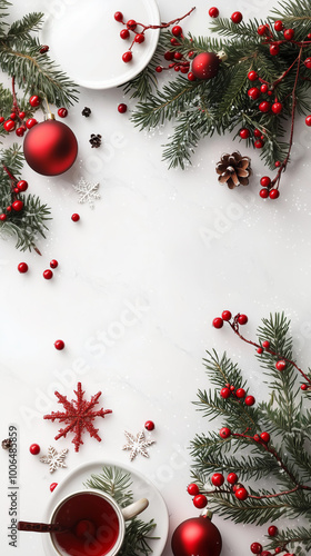 Christmas border with Christmas table decoration with traditional dish pine branches, snow, and red berries on a white background