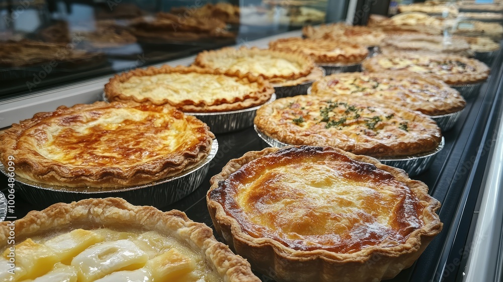 A close-up view of a selection of freshly baked pies, tarts, and quiches in a hypermarket. A close-up view of a selection of freshly baked pies, tarts, and quiches in a hypermarket.