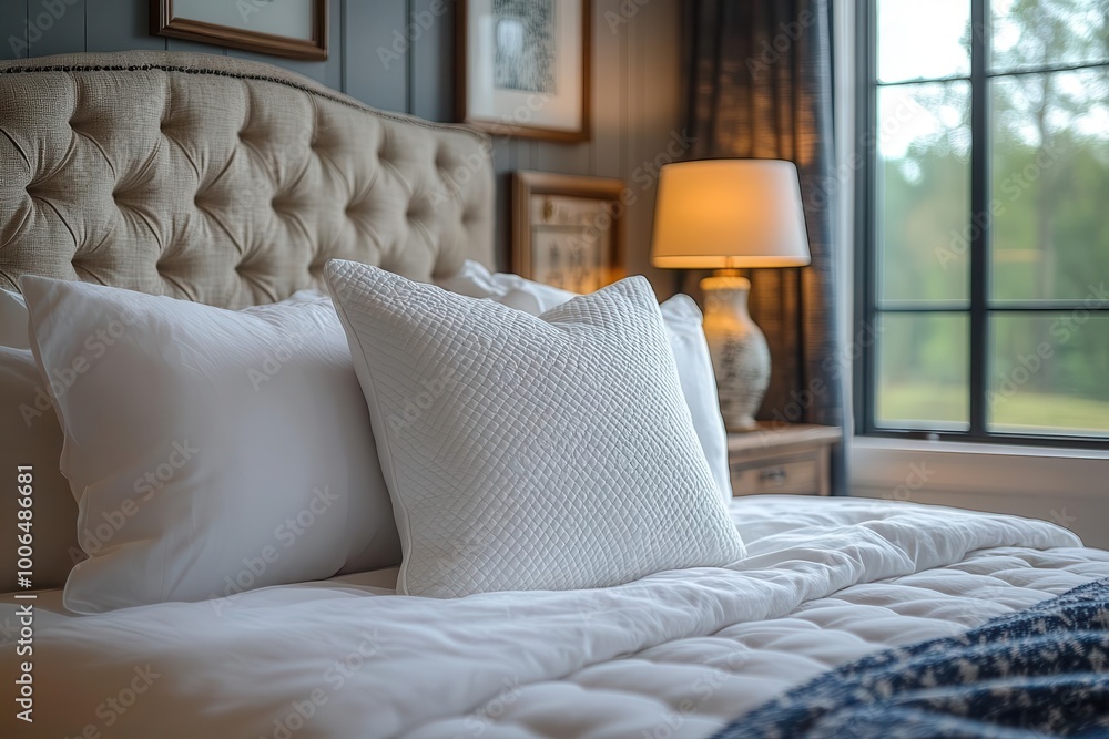 closeup of a plush white bed pillow artfully arranged in a contemporary bedroom bathed in soft daylight exuding comfort and inviting relaxation with chic home interior design elements closeup of a plush white bed pillow artfully arranged in a contemporary bedroom bathed in soft daylight exuding comfort and inviting relaxation with chic home interior design elements