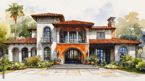 Elegant Mediterranean-style villa with lush landscaping.