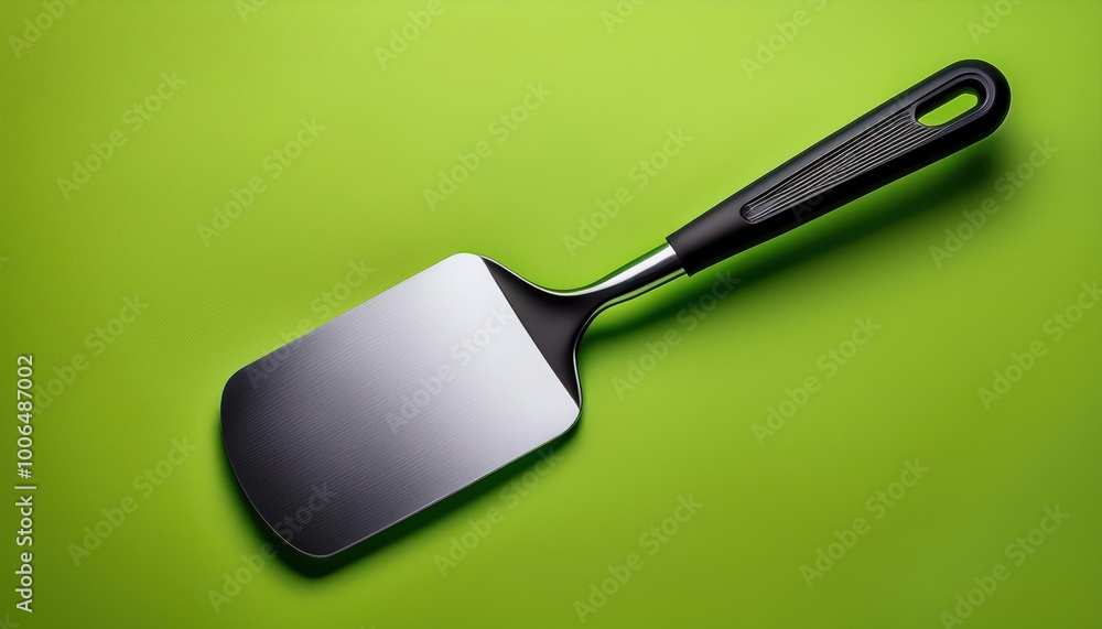 Close-Up of Stainless Steel Slotted Spatula with Black Handle on Bright Green Background. Minimalist Kitchen Utensil Design Highlighting Modern Cooking Tools for Food Preparation and Presentation Close-Up of Stainless Steel Slotted Spatula with Black Handle on Bright Green Background. Minimalist Kitchen Utensil Design Highlighting Modern Cooking Tools for Food Preparation and Presentation