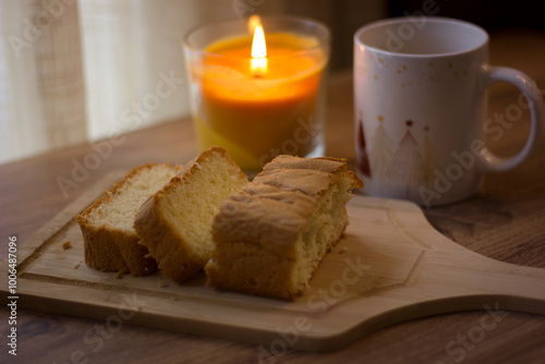 cake with lemon tea. Autumn evening.