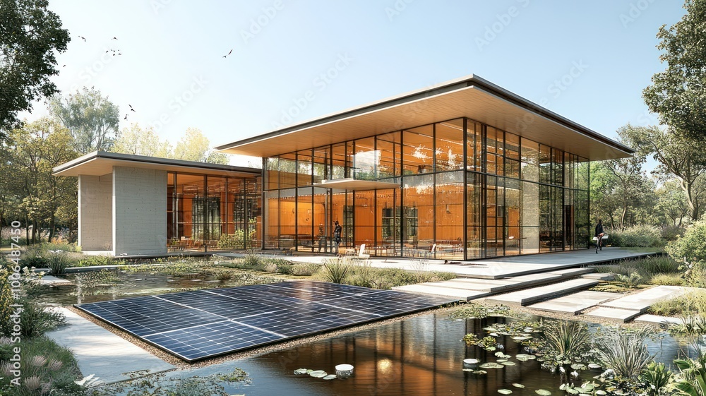 Fototapeta premium Modern glass house surrounded by nature and solar panels.