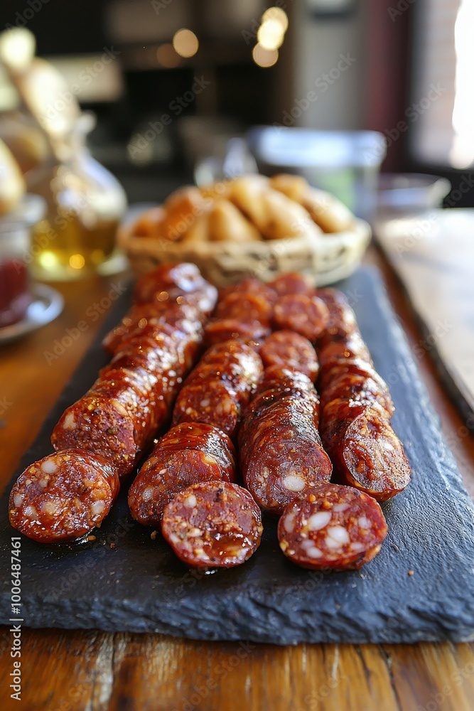 Chorizo: Cured pork sausage with paprika, a staple in Spain. Chorizo: Cured pork sausage with paprika, a staple in Spain.