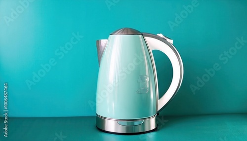 Modern Stainless Steel Electric Kettle with Sleek Green Finish and Black Handle on Minimalist Surface Against Vibrant Teal Background. Kitchen Appliance Design and Lifestyle Concept photo