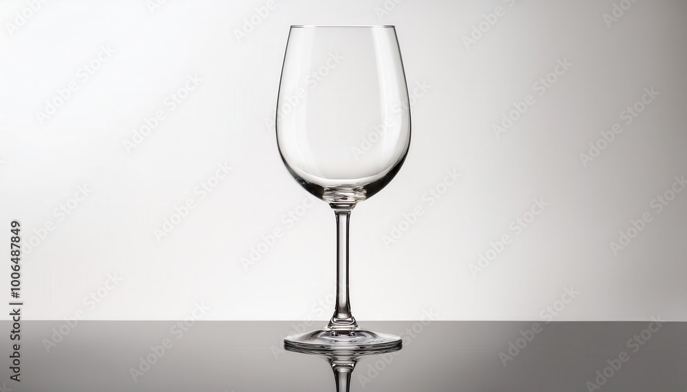 Elegant Crystal Wine Glass Half Filled with Clear Water, Featuring Subtle Vertical Grooves, Reflected on a Polished Surface Against a Minimalist White Background Elegant Crystal Wine Glass Half Filled with Clear Water, Featuring Subtle Vertical Grooves, Reflected on a Polished Surface Against a Minimalist White Background