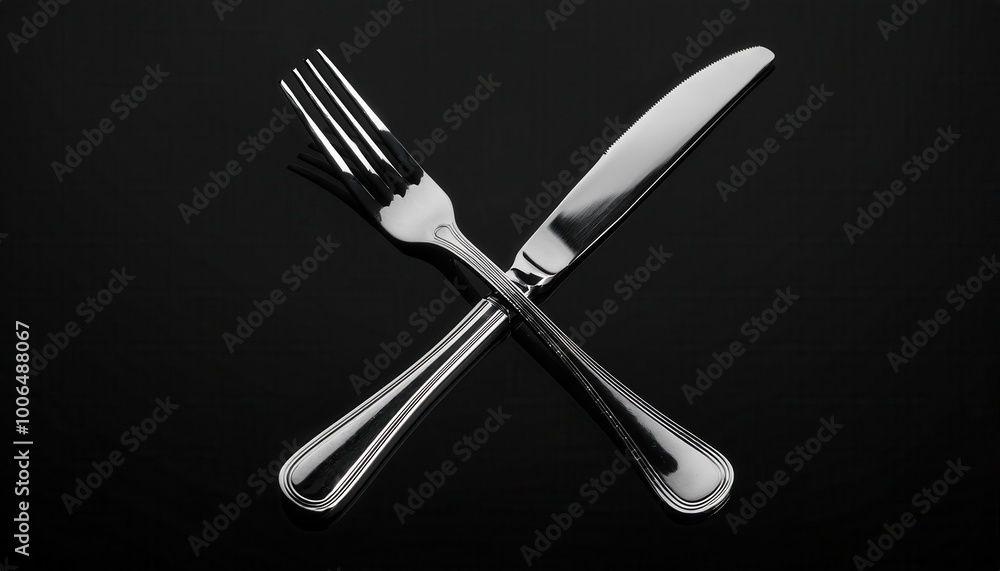 Elegantly Crossed Silverware on a Glossy Black Surface. Symbolizing Fine Dining Etiquette and Timeless Style with a Polished Knife and Fork in Minimalist Lighting Elegantly Crossed Silverware on a Glossy Black Surface. Symbolizing Fine Dining Etiquette and Timeless Style with a Polished Knife and Fork in Minimalist Lighting