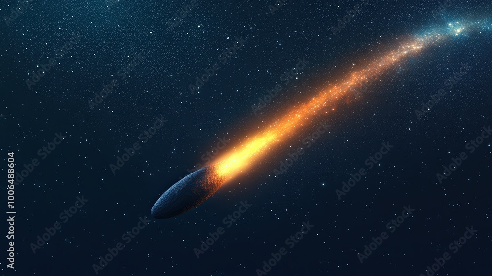 Obraz premium Celestial Comet Gliding Through Starry Night, a mesmerizing digital artwork showcasing a luminous comet's tail illuminating the vast, dark expanse of the universe.