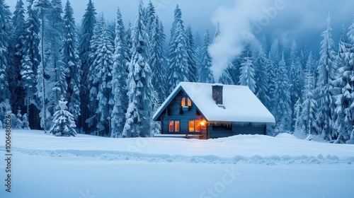 Cozy cabin nestled in a serene snowy forest, gentle smoke curling from the chimney, inviting warm light glowing through the windows, a perfect winter retreat.