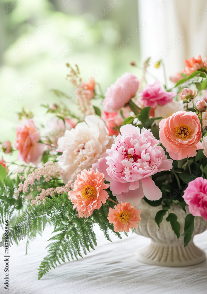 Bouquet of pink peonies and fern leaves in ceramic vase Bouquet of pink peonies and fern leaves in ceramic vase