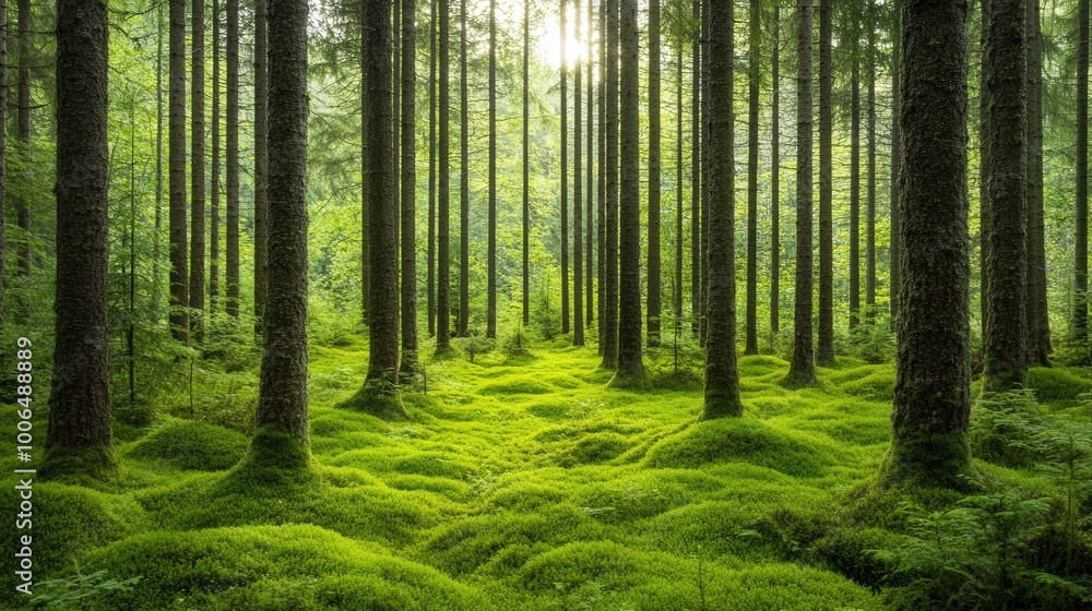 Obraz premium Verdant Woodland Oasis, lush green trees tower overhead, a vibrant carpet of moss underfoot, gentle sunlight filters through the leaves, creating a serene natural sanctuary.