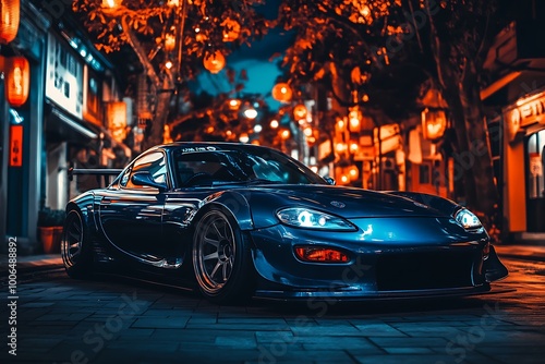 Blue Sports Car Underneath a String of Lights