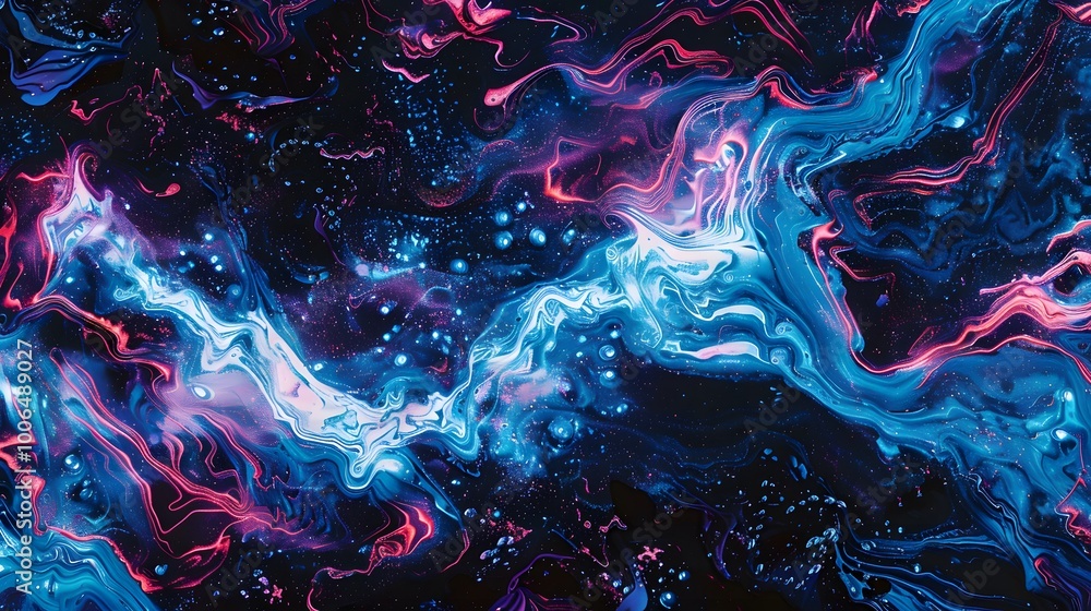 Abstract background with blue, pink, and white swirling patterns on a black background. Abstract background with blue, pink, and white swirling patterns on a black background.